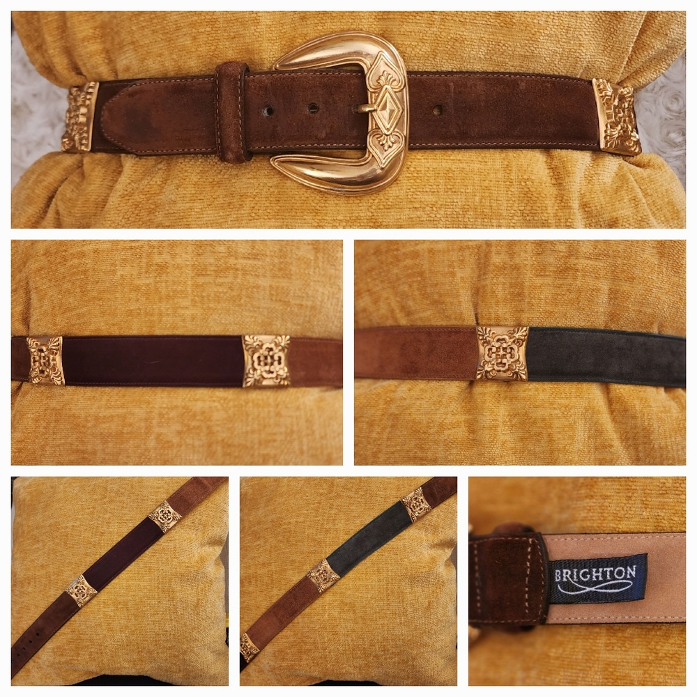 Vintage Brighton Genuine Leather Suede Colorblock Belt w/Matte Gold Accents